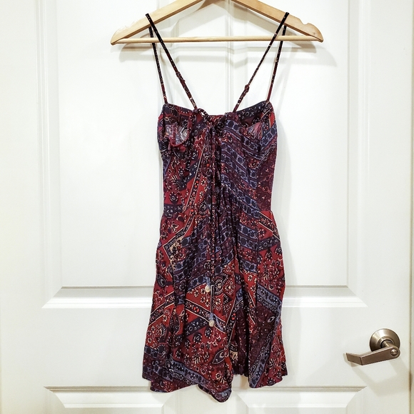 AEO Burgundy Boho Print Lace Up Back Romper - Picture 4 of 7